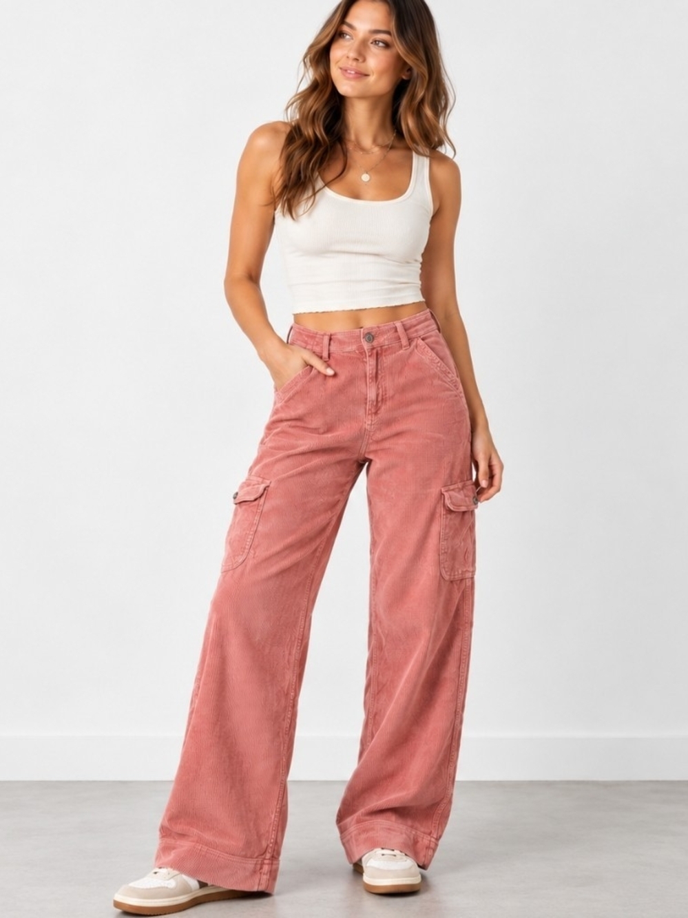 American Eagle Size 4 Pink Corduroy Cargo Pants Super High Rise Baggy Wide Leg